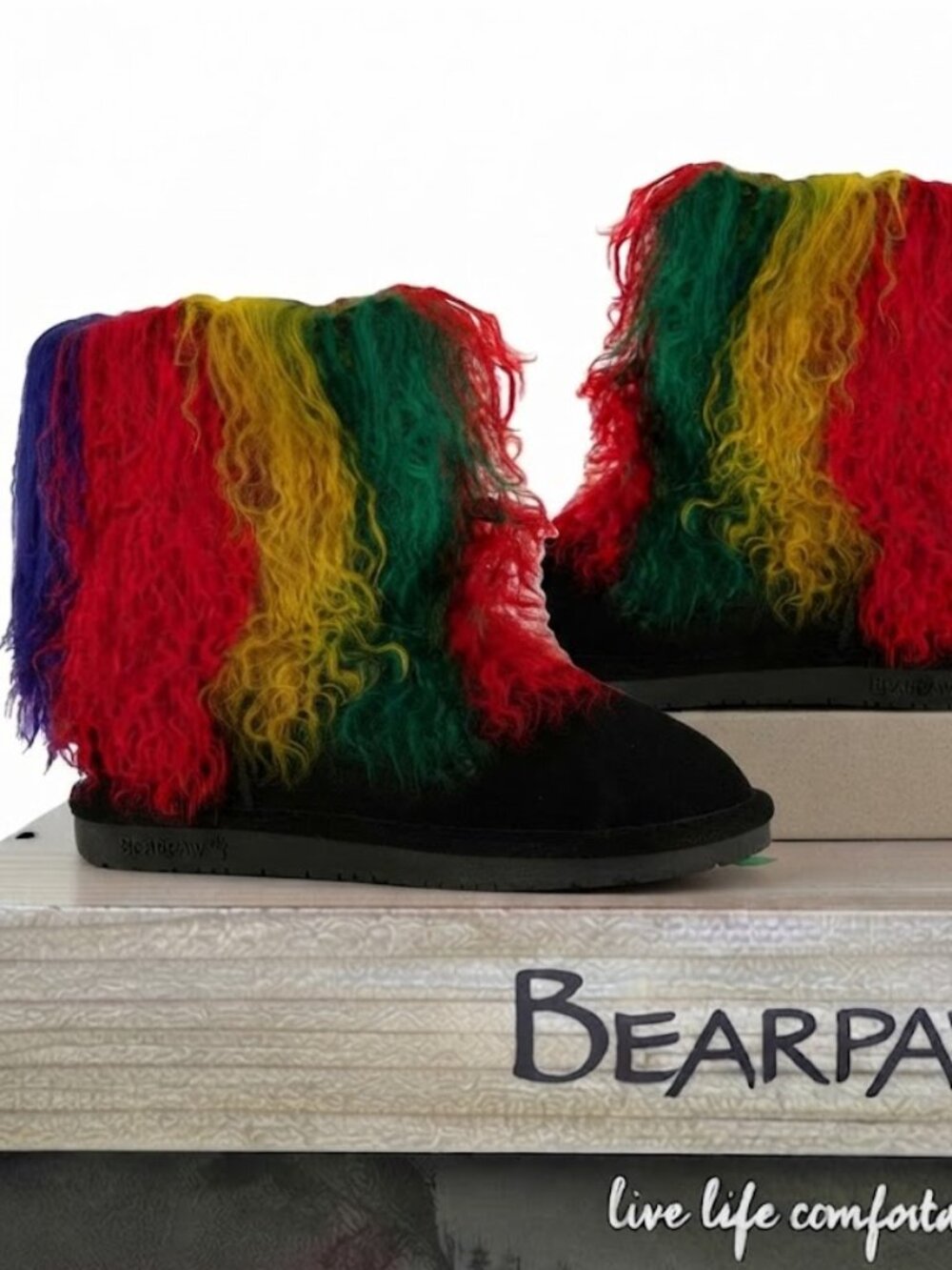 Bearpaw Boo Rasta Tie Dye Shearling Wool Curly Lamb Fur Boho Sherpa Boots 7 NEW
